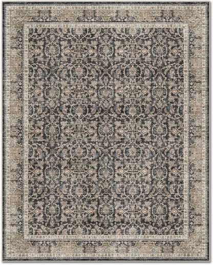 Washable 9x12 Area Rugs for Living Room, Boho Non-Slip Vintage Distress Lager Rugs for Bedroom Dining Room Nursery Office, 0.3" Neutral Oriental Throw Thin Carpet, Black/Blue/Multi,A1