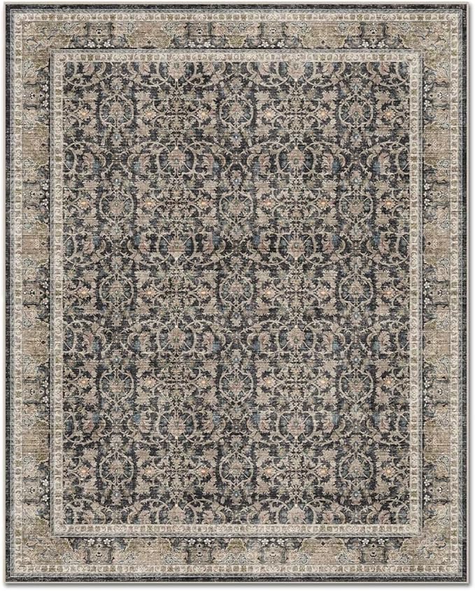 Washable 5x7 Area Rugs for Living Room, Boho Non-Slip Vintage Rugs for Bedroom Dining Room Nursery Office, 0.3" Neutral Oriental Throw Thin Carpet with Cushioning Pad, Black/Blue/Multi,A1