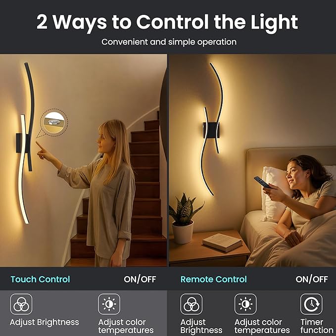 Battery Operated Wall Sconces Set of Two, 10000mAh Rechargeable Modern Wall Lights with Remote Control, Dimmable Black LED Cordless Lighting for Living Room, Bedroom, Hallway, 39.4 Inch, 3CCT