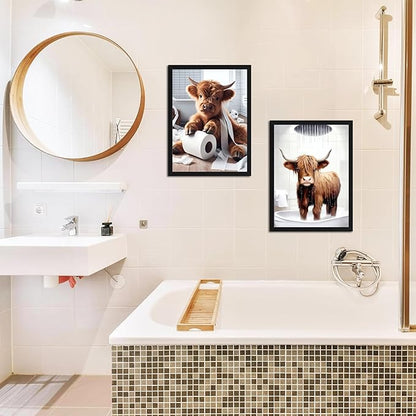 Highland Cow Bathroom Decor Set of 3, Funny Brown Cute Highland Cow Wall Art Paintings, Vintage Rustic Farmhouse Canvas Pictures Posters Prints for Bathroom, Restroom Black Wood Framed 12x16 Inch