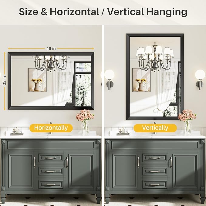 Briivue 48x32 Inch Black Bathroom Mirror for Wall, Thick Metal Framed Rectangle Mirrors for Over Sink, Bedroom, Living Room, Entryway, Anti-Rust, HD Tempered Glass