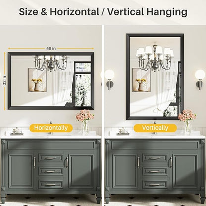Briivue 48x32 Inch Black Bathroom Mirror for Wall, Thick Metal Framed Rectangle Mirrors for Over Sink, Bedroom, Living Room, Entryway, Anti-Rust, HD Tempered Glass