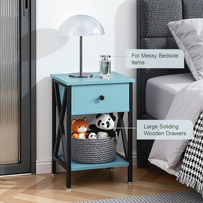 VECELO Nightstand,Modern Bedside End Table, Night Stand with Drawer and Storage Shelf for Living Room Bedroom, Industrial Metal Frame