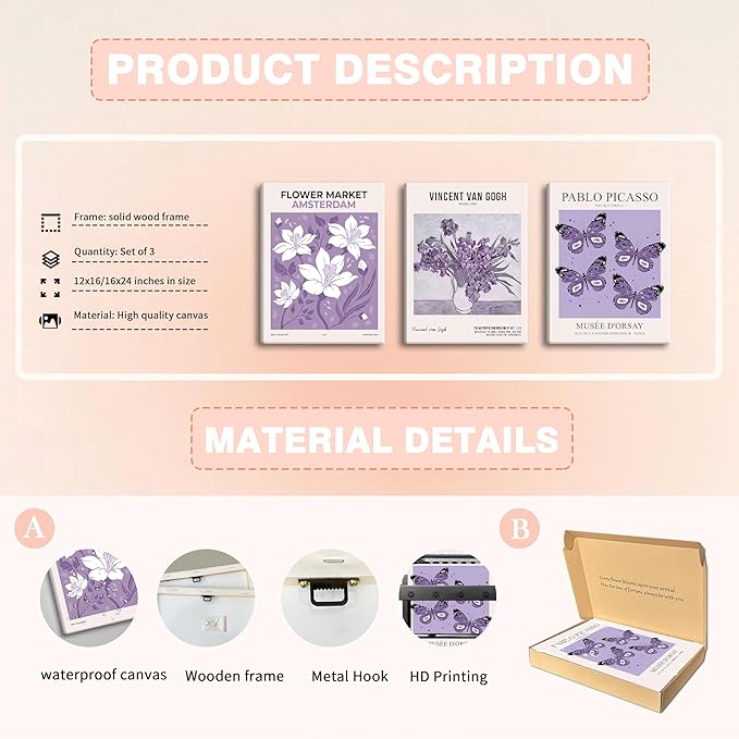 Van Gogh Canvas Wall Art Set of 3, Purple Lavender Flower Market Wall Decor Paintings, Picasso Butterfly Aesthetic Posters Prints Room Decor for Teen Girls Dorm Bedroom Bathroom 12x16In Framed