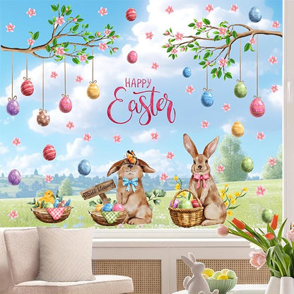 Happy Easter Window Clings Bunny Window Decorations Decals for Glass Double-Sided Removable Easter Egg Vinyl Static Sticker Spring Tree Branch Decals for Living Room Bedroom Office Holiday Supplies