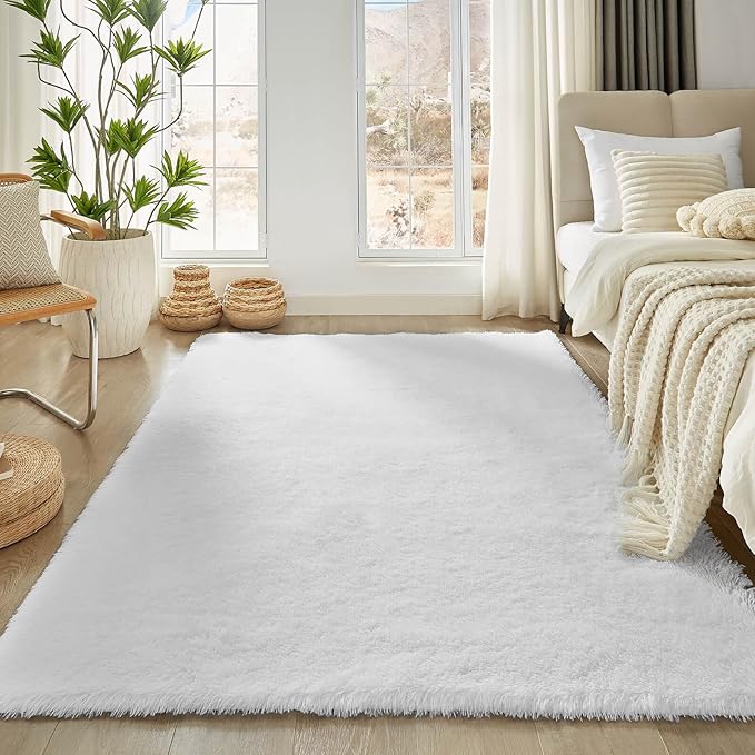 Floralux 6x9 Rugs for Bedroom, White Shag Rug for Living Room, Ultra Soft Fluffy Carpet, Non-Slip Indoor Floor Carpets for Kids Room, Playroom, Home Decor Aesthetic