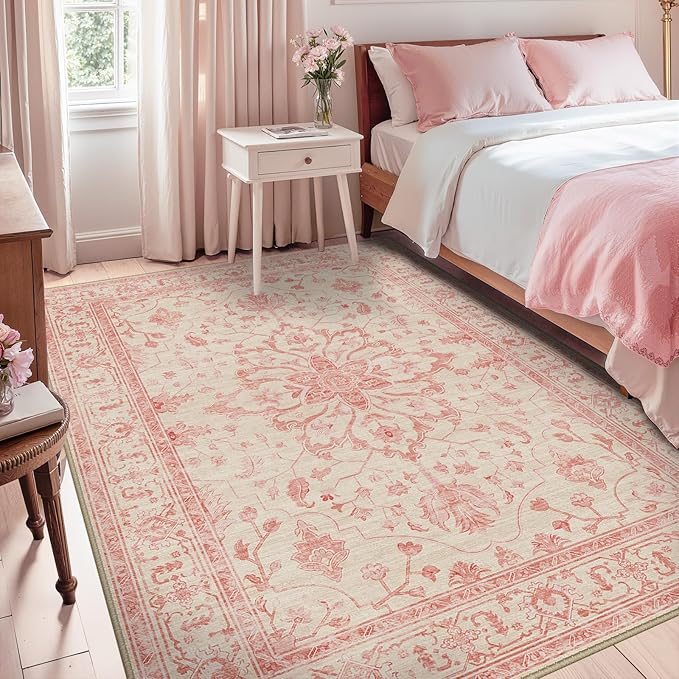 RELEANY Area Rugs 5'x7' Washable Non-Slip, Floral Vintage Distress Print Pattern Medallion Carpet for Living Room Bedroom Dining Room, Pink Light Vintage Pink