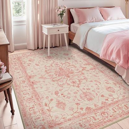 RELEANY Area Rugs 5'x7' Washable Non-Slip, Floral Vintage Distress Print Pattern Medallion Carpet for Living Room Bedroom Dining Room, Pink Light Vintage Pink