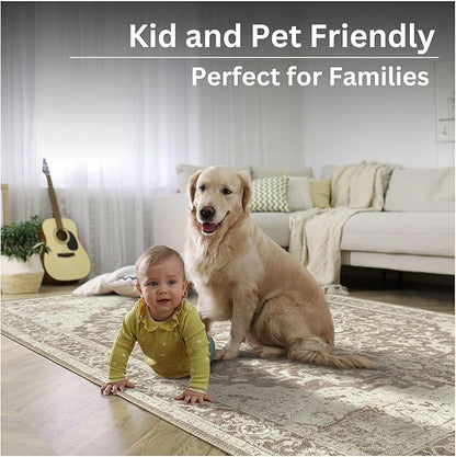 Bloom Rugs Washable Non-Slip 4' x 6' Rug - Light Brown Traditional Medallion Area Rug for Living Room, Bedroom, Dining Room, and Kitchen - Exact Size: 4' x 6'