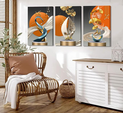 3pcs Modern Abstract Canvas Wall Art Golden Deer Ginkgo Leaf Luxury Foil Lines Wall Decor Pictures White Blue Orange Color Posters Prints Paintings for Living Room Bedroom Office Home Decoration