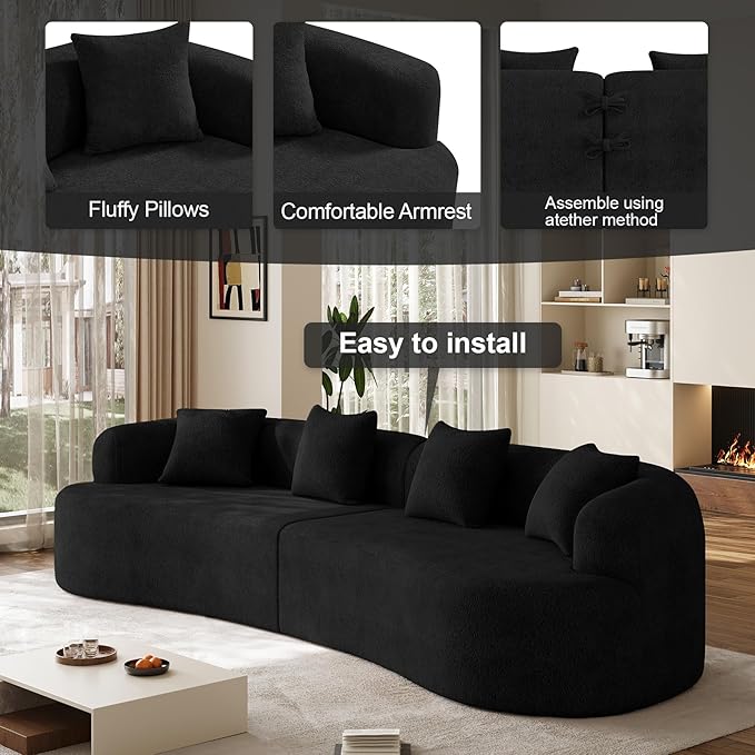 131" Oversized Sectional Sofa for Living Room, Modern Luxury Plush Chenille 4-Seater Extra Deep & Wide Seat Curved Cloud Couch with 4 Throw Pillows, No Assembly Needed (Black)