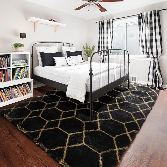 ONASAR 5x7 Area Rugs for Living Room Bedroom, Fluffy Black and Gold Faux Fur Rug, Geometric Boho Soft Plush Shaggy Floor Carpet Mat for Nursery Kids Girls Boys Teen Dorm Home Office Decor