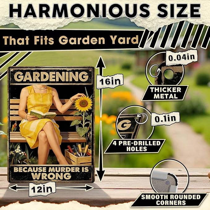 Gardening Because Murder Is Wrong Tin Sign Metal Sign Rustic Garden Decor Outdoor Yard Sign for Gardeners Unique Gifts 12x16Inch