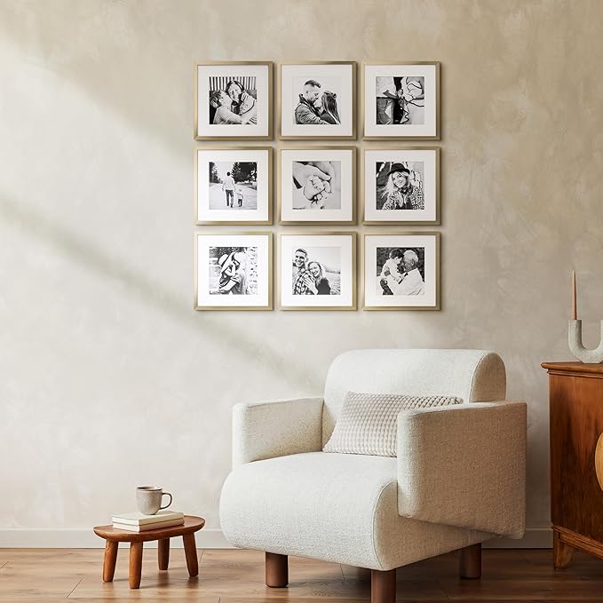 ArtbyHannah Photo Collage Frames for Wall, 10x10 Inch Square Picture Frame for Living Room or Staircase Decoration (Gold, 9 Pack)
