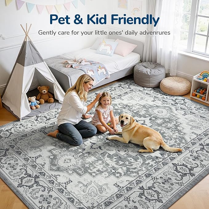 Lessymo 7 x 10 Area Rugs for Living Room- Machine Washable Area Rugs Boho Faux Wool Low Pile Area Rug for Bedroom, Floral Medallion Vintage Rugs with Non-Slip Rubber, Kid & Pet Friendly, Grey White