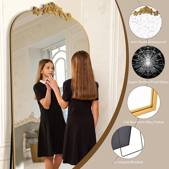 Antok Arched Full Length Mirror, 72"x44" Floor Mirror with Carved, Full Body Mirrors for HomeDecor, Standing/Halling Large Wall Mirror for Bedroom, Living Room, Cloakroom, Gold, Retro Style