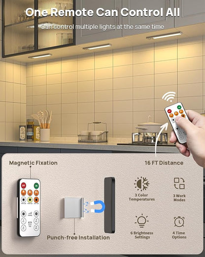Under Cabinet Lights Wireless, Motion Sensor Light Indoor, Stick On Magnetic Closet Lights with Remote, 3 Color Temps & Dimmable, LED Rechargeable Under Counter Lights for Kitchen, Wardrobe, Stairs