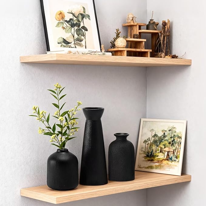 Black Ceramic Flower Vases Set of 3, Valentine's Day Gift Vases with Vertical Stripe Texture, Modern Decorative Vases for Dried Flowers, Home Decor Vases for Living Room Bedroom Kitchen Shelf