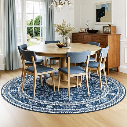 Lessymo 6FT Washable Round Area Rugs for Living Room, Non Slip Circle Rugs Low Pile Vintage Carpet for Bedroom, Dining Room, Nursery, Home Office, Blue White