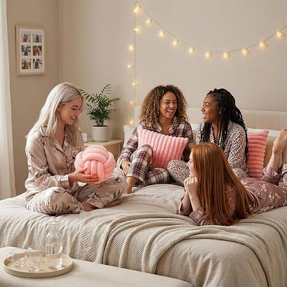 Tegeme Set of 3 Knot Pillow Ball and 18" Throw Pillowcases Fuzzy Striped, Soft Knotted Home Decor Pillow, 2 Faux Fur Cushion Covers Aesthetic Cushion and Cases for Sofa Bed Bedroom Living Room (Pink)