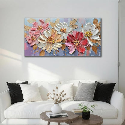 Enartly Flowers Canvas Wall Art for Living Room, Hand-painted Textured Floral Artwork, Modern Aesthetic Colorful Flowers Paintings Pictures, for Home Bedroom Garden Farmhouse Decor, 40"x20"