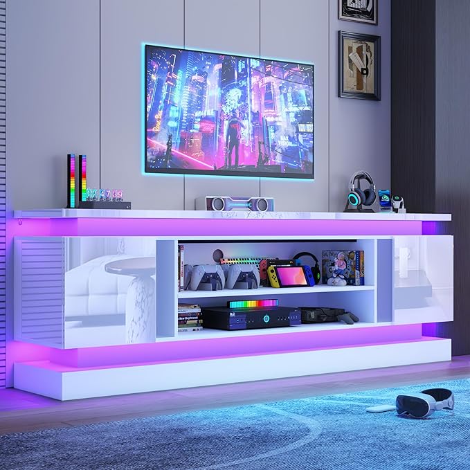 St.Mandyu 81" 2 LED TV Stand for TVs 90/85 inch,High Gloss Gaming Tall Entertainment Center w/Power Outlet,6000-Colors LED Lights,Modern TV Media Console Table with 2 Cabinets for Living Room,White