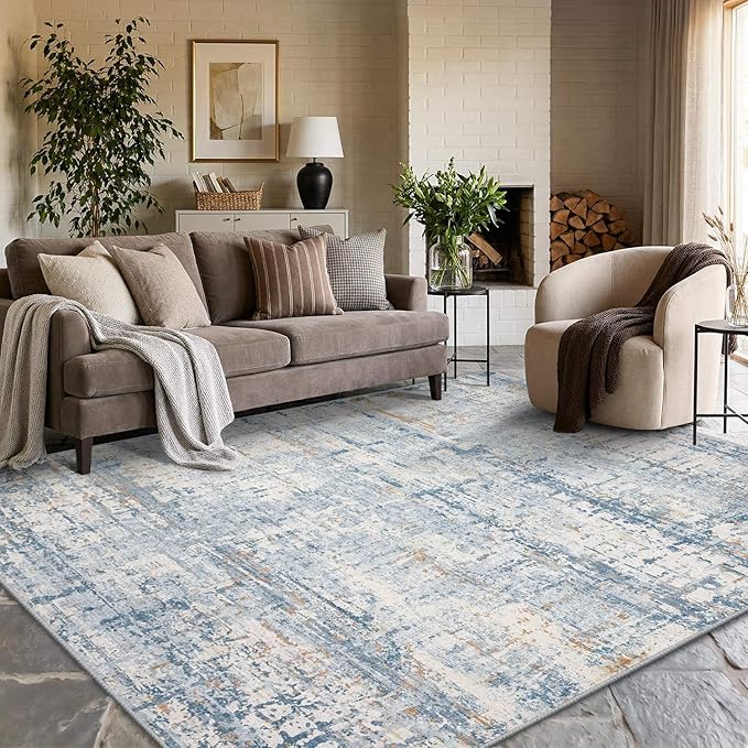 Rugxara 6x9 Washable Area Rug for Living Room, Modern Abstract Large Boho Rugs for Office, Dining Room, Kids Room, Farmhouse, Durable Low Pile Non Slip Carpet for High Traffic Areas, Blue Beige