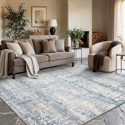 Rugxara 6x9 Washable Area Rug for Living Room, Modern Abstract Large Boho Rugs for Office, Dining Room, Kids Room, Farmhouse, Durable Low Pile Non Slip Carpet for High Traffic Areas, Blue Beige