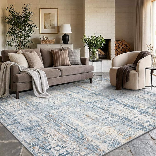 Rugxara 6x9 Washable Area Rug for Living Room, Modern Abstract Large Boho Rugs for Office, Dining Room, Kids Room, Farmhouse, Durable Low Pile Non Slip Carpet for High Traffic Areas, Blue Beige