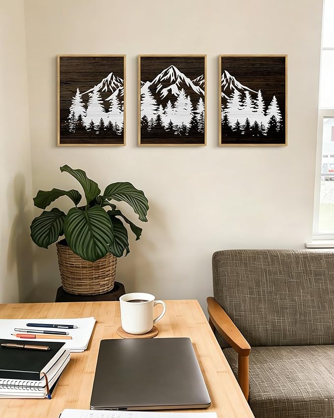 PHOPAGO Mountains Tree Framed Wall Art Boho Forest Nature Landscape Artwork Paints Morden Country Woodcut Wood Wall Decor Rustic Home Decor - 11x14in Natural Framed