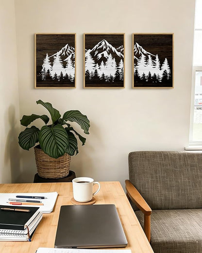 PHOPAGO Mountains Tree Framed Wall Art Boho Forest Nature Landscape Artwork Paints Morden Country Woodcut Wood Wall Decor Rustic Home Decor - 11x14in Natural Framed