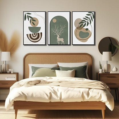 Framed Sage Green Boho Wall Art Set of 3, Minimalist Abstract Geometric Deer & Plant Illustrations, Bohemian Pictures Print Artwork Painting Wall Decor for Living Room Bedroom Home Decoration 24"x36"