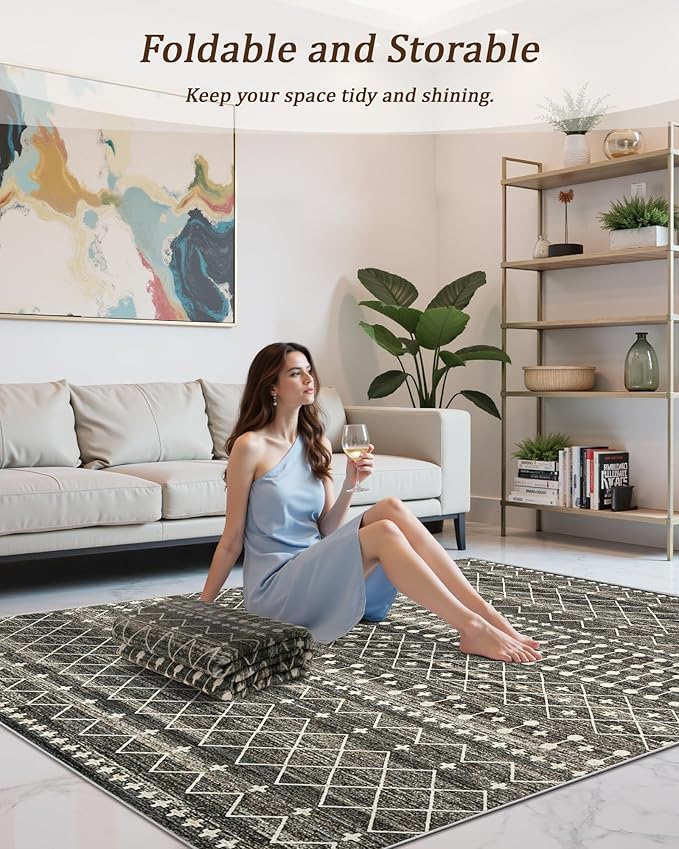 Miukiki 4x6 Area Rug for Living Room Moroccan Washable Rugs Non Slip Indoor Floor Carpet Foldable Large Soft Area Rug for Dining Room Bedroom with Low Pile(Black,4'x6')