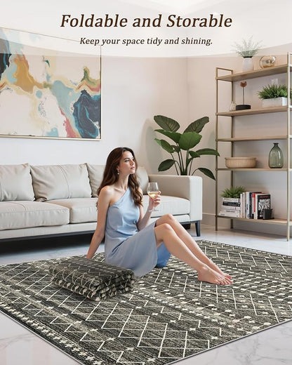 Miukiki 9x12 Area Rug for Living Room Moroccan Washable Rugs Non Slip Indoor Floor Carpet Foldable Large Soft Area Rug for Dining Room Bedroom with Low Pile(Black,9'x12')