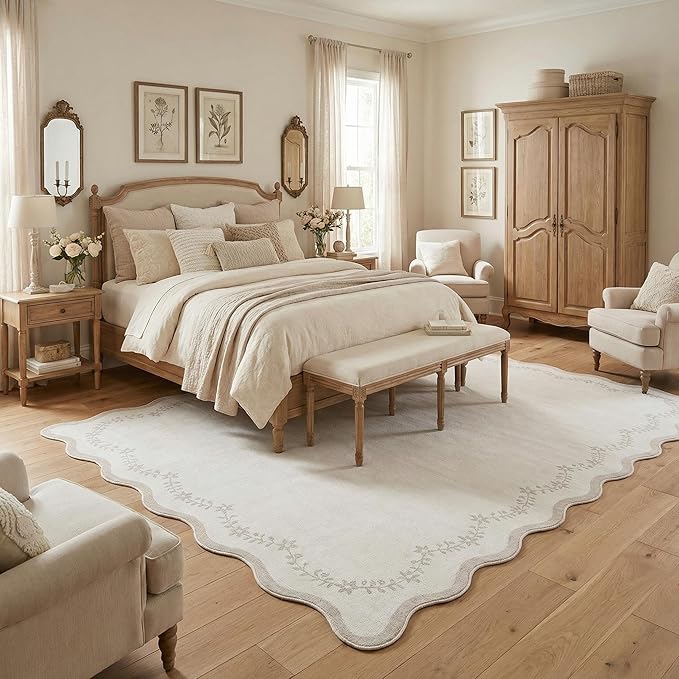 GarveeHome 6x9 Scalloped Area Rug Beige Washable Rugs for Living Room Bedroom, Soft Low Pile Non Slip Accent Floor Mat Solid Floral Print Throw Rug Farmhouse Indoor Carpet for Dorm Playroom