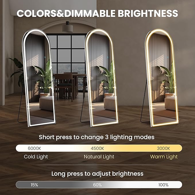Arched Full Length Mirror with Stand 20"×63", Upgraded Full Body Mirrors with LED Light 3 Color Lighting, Floor Standing, Hanging or Leaning Modern Simple Home Wall Decor, White