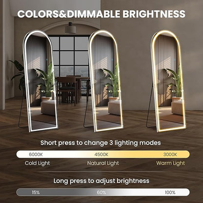 Arched Full Length Mirror with Stand 20"×63", Upgraded Full Body Mirrors with LED Light 3 Color Lighting, Floor Standing, Hanging or Leaning Modern Simple Home Wall Decor, White