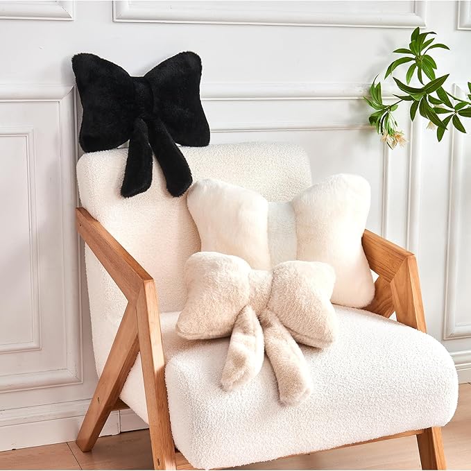 XVTRU Beige Bow Pillow, Soft Bow Decorative Pillows with Faux Rabbit Fur, Cute 16" Bow Throw Pillows, Aesthetic Home Decor Bow Shaped Plush Pillow for Bedroom Sofa Couch