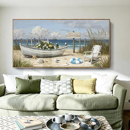 Large Framed Modern Nature Wall Art, Canvas Beach Coastal Landscape Print, Blue Ocean Seaside Decor Painting For Living Room Bedroom Office Dining Room Hallway, Ready To Hang 58X29 Inch
