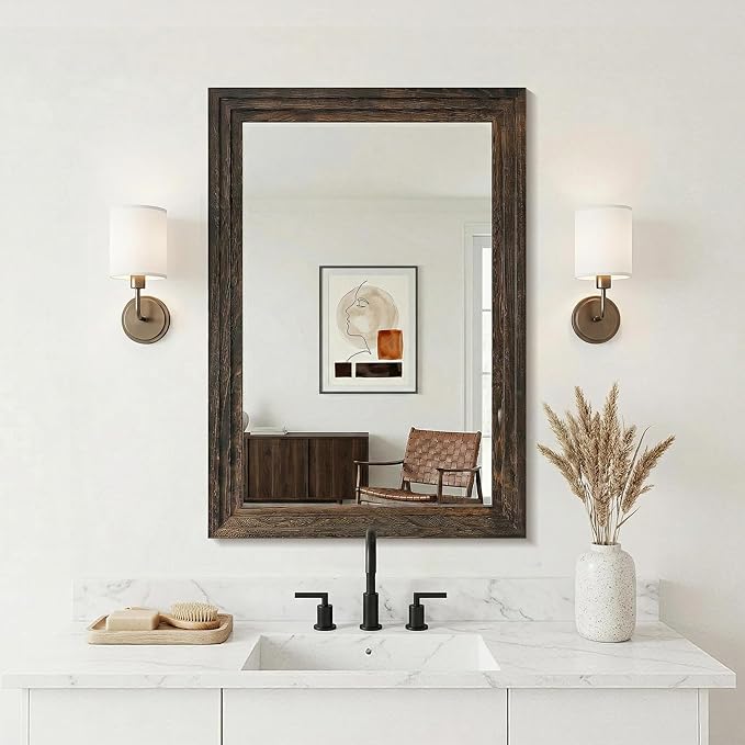 Wood Framed Mirrors for Wall, Brown Bathroom Vanity Mirror for Over Sink 20 x 30, Rustic Wall Mirror for Bathroom Sink Hallway Entryway Bedroom Living Room Farmhouse Boho Style