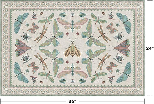 Hazo Haus Washable Boho Bathroom Rug 2x3, Small Throw Rugs for Kitchen, Powder Room, Front Door Indoor Entrance, Non Slip Low Pile Stain Resistant, Dusty Green Colorful Cool Insect Aethestic