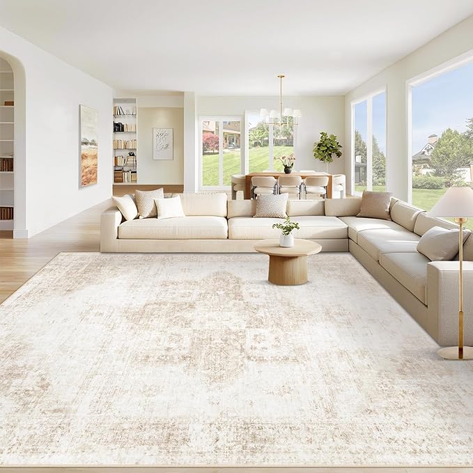 Area Rug 9x12 Washable Rug, Vintage Boho Medallion Rugs Non-Slip Soft Low Pile Large Distressed Rug Indoor Retro Carpet for Living Room Bedroom Dining Room Home Office (Beige, 9'x12')