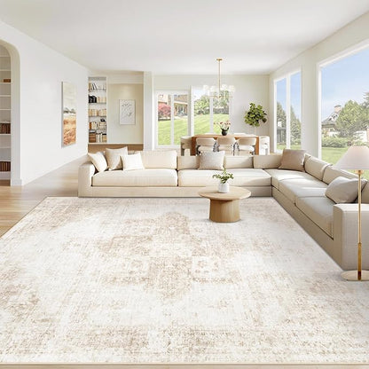 Area Rug 9x12 Washable Rug, Vintage Boho Medallion Rugs Non-Slip Soft Low Pile Large Distressed Rug Indoor Retro Carpet for Living Room Bedroom Dining Room Home Office (Beige, 9'x12')