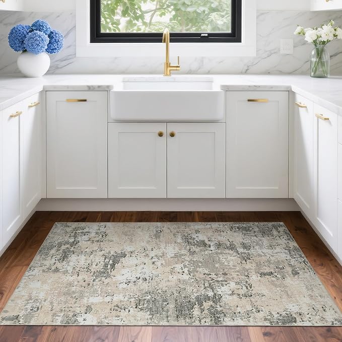 ROYHOME Modern Abstract 2x3 Area Rug Non Slip Non Shedding Low Pile Stain Resistant Rug for Entryway Kitchen Bedroom,Grey Yellow
