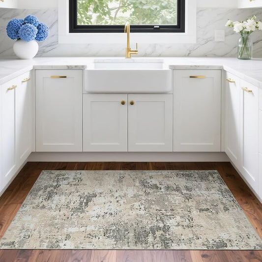 ROYHOME Modern Abstract 2x3 Area Rug Non Slip Non Shedding Low Pile Stain Resistant Rug for Entryway Kitchen Bedroom,Grey Yellow