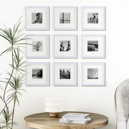 Vittanly 8x8 Picture Frames Set of 9, Shatter Resistant Plexiglass, Display 4x4 Pictures with Mat or 8x8 without Mat, Photo Frames for Wall Mount, Engineered Wood, White