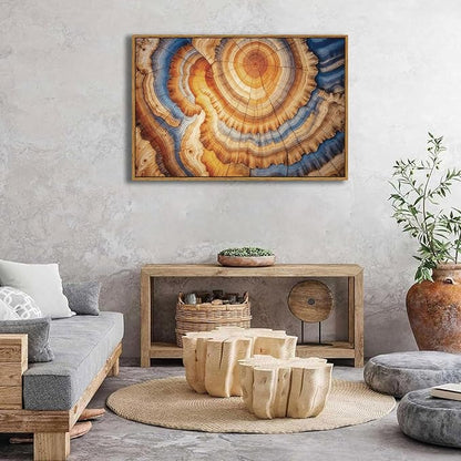 BingruiArt Large Framed Tree Ring Wall Art Wood Canvas Colorful Boho Wall Decor Rustic Artwork Abstract Painting Farmhouse Picture Nature Print for Living Room Bedroom Bathroom 24"x36" Natural Framed(09)