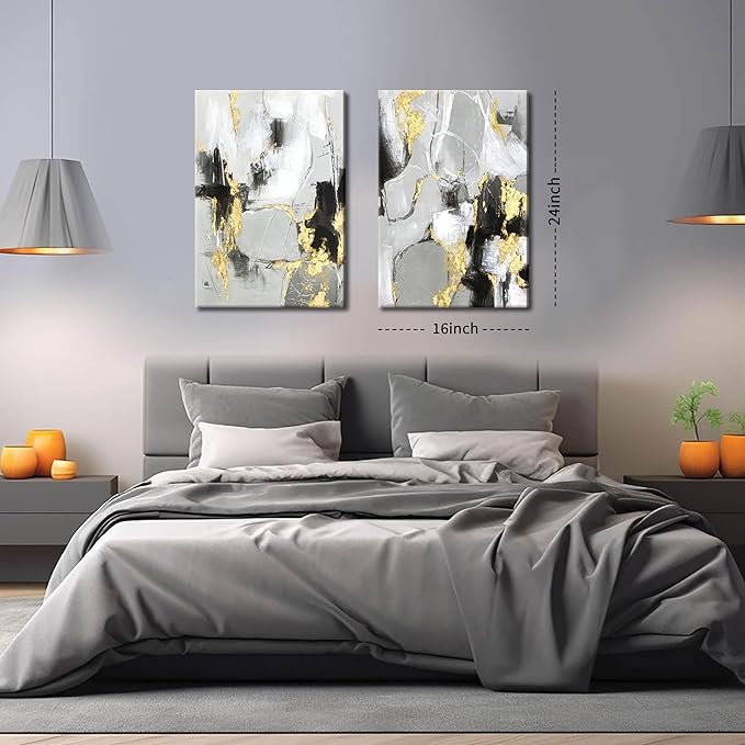 Framed Abstract Black Gold Wall Art Set of 2, Modern Black White Gold Canvas Prints Poster Picture for Living Room, Bedroom and Office Wall Decor 16 x 24 Inch