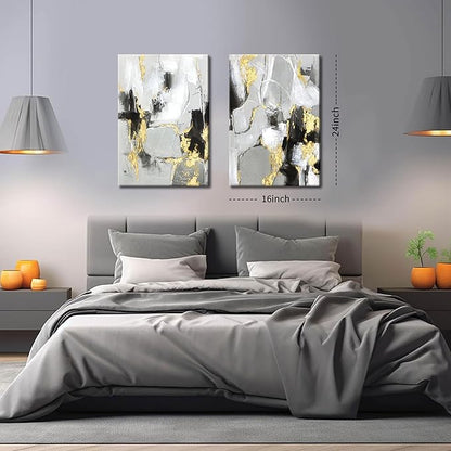 Framed Abstract Black Gold Wall Art Set of 2, Modern Black White Gold Canvas Prints Poster Picture for Living Room, Bedroom and Office Wall Decor 16 x 24 Inch