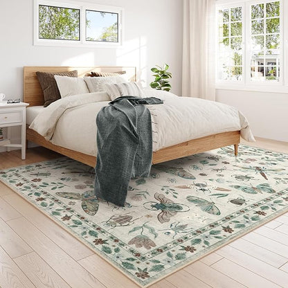 Lahome Insect Print Washable Rugs for Living Room, Soft 6x9 Area Rugs for Bedroom, Ultra-Thin Non Slip Modern Area Rug Low Pile Throw Carpet for Dining Room Office Vionnet(6'x9',Beige)
